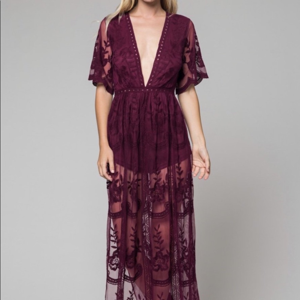 Lace Maxi Romper Burgundy - Picture 2 of 5